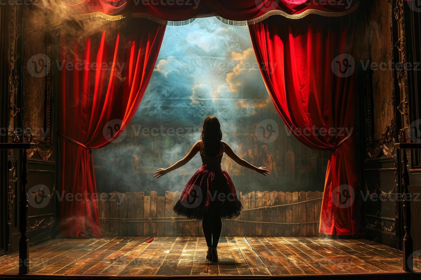 Enigmatic ballerina on a vintage theater stage photo