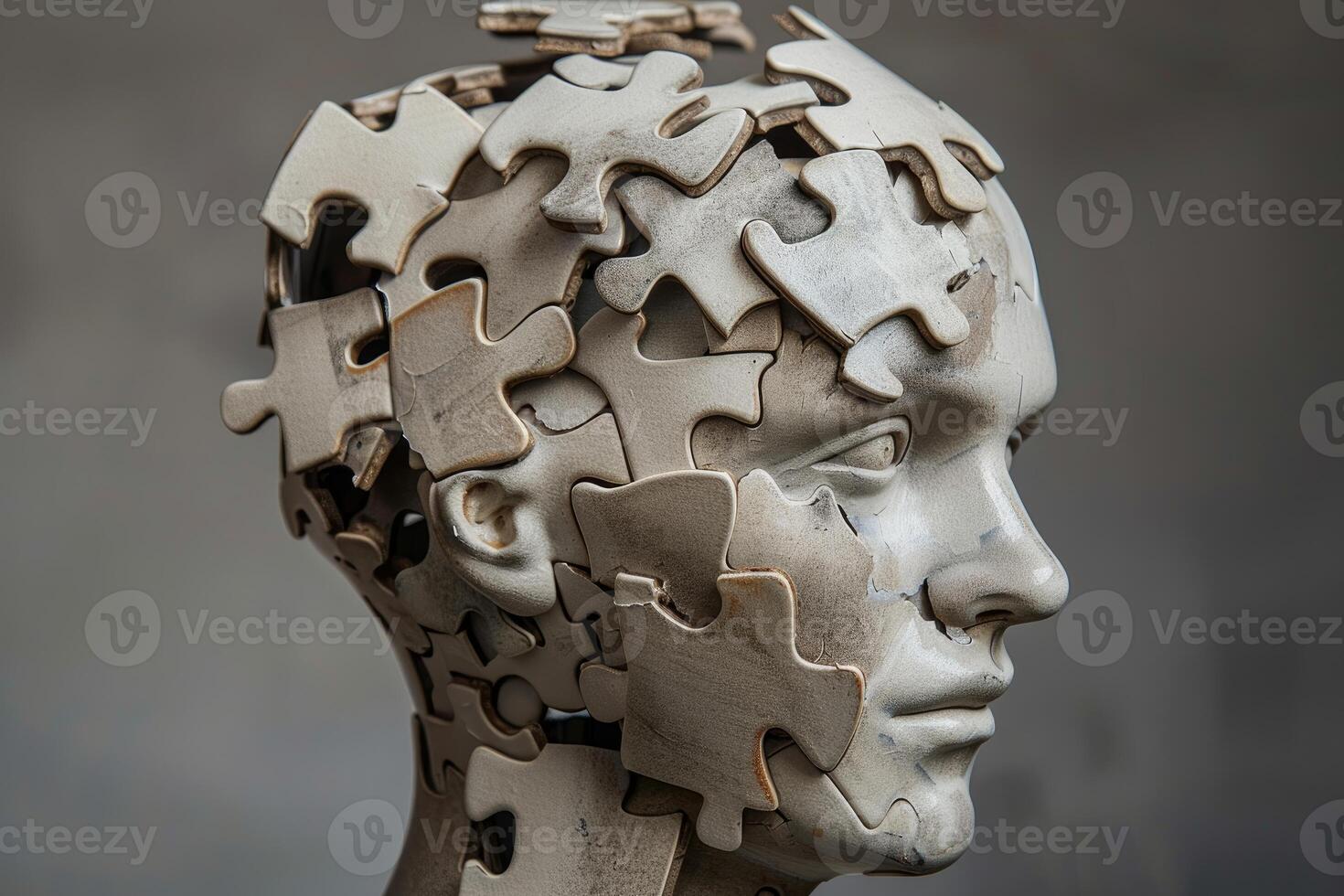 Closeup of a creative sculpture resembling a human head made from interlocking puzzle pieces photo