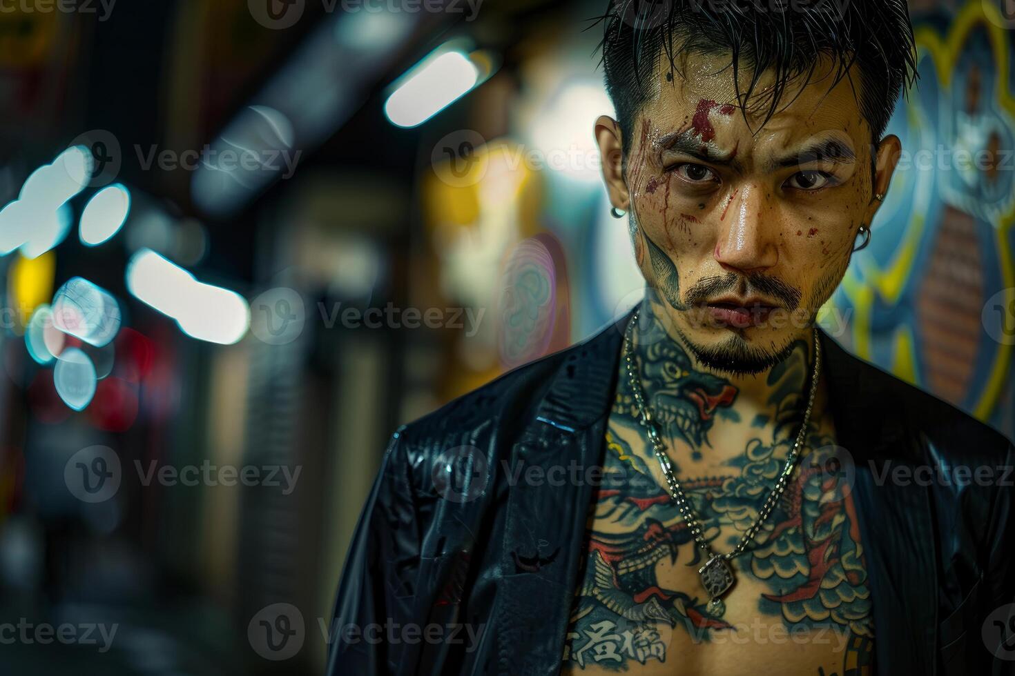 Intense tattooed man in urban setting photo