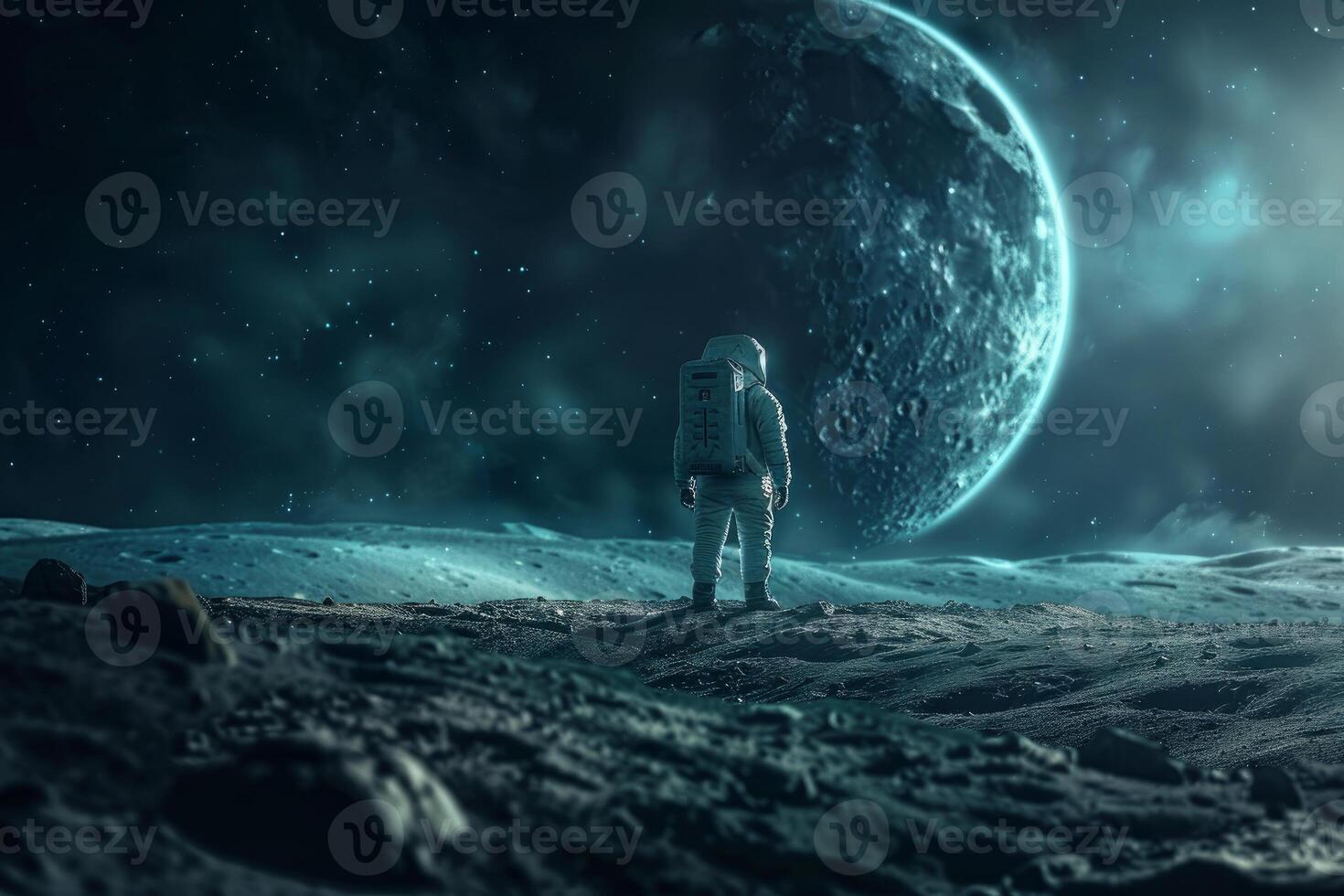 Astronaut contemplating cosmos on alien planet photo
