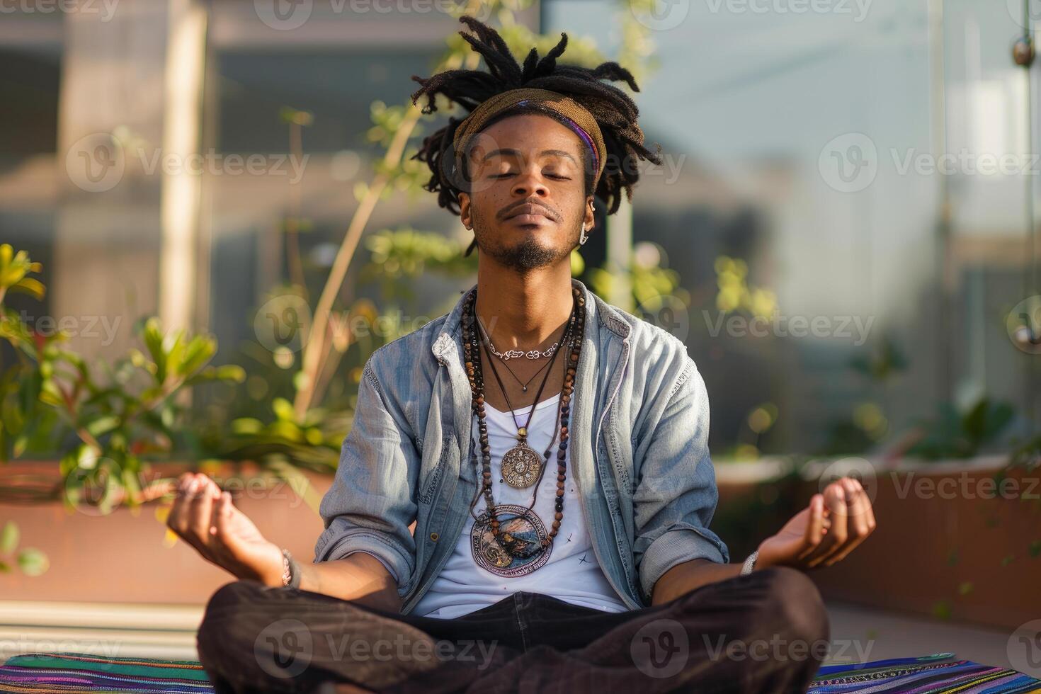 Peaceful Male With Dreadlocks Practicing Mindfulness On A Sunny Rooftop peaceful-male-with-dreadlocks-practicing-mindfulness-on-a-sunny-rooftop