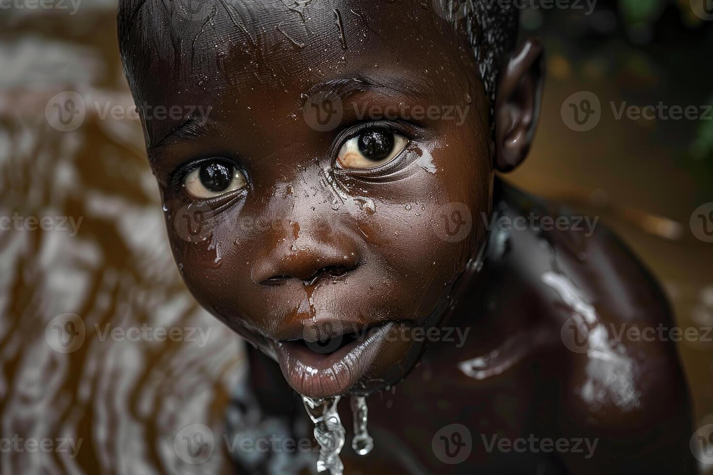 Captivating child with water droplets on face photo
