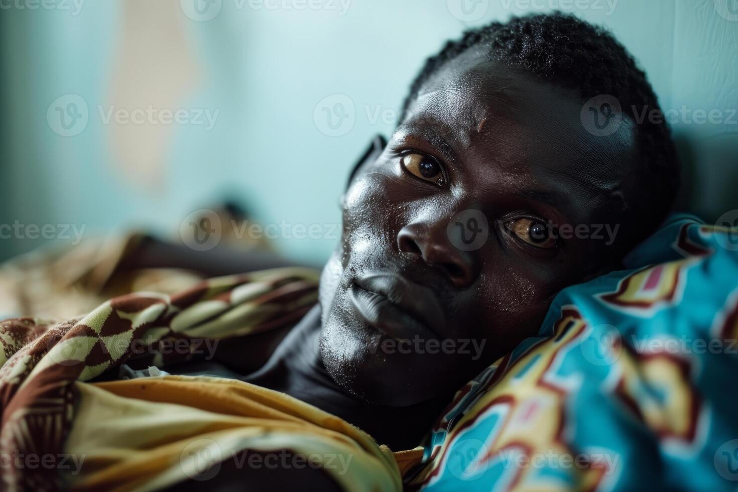 Closeup of an introspective man lying down indoors, with a focused gaze photo
