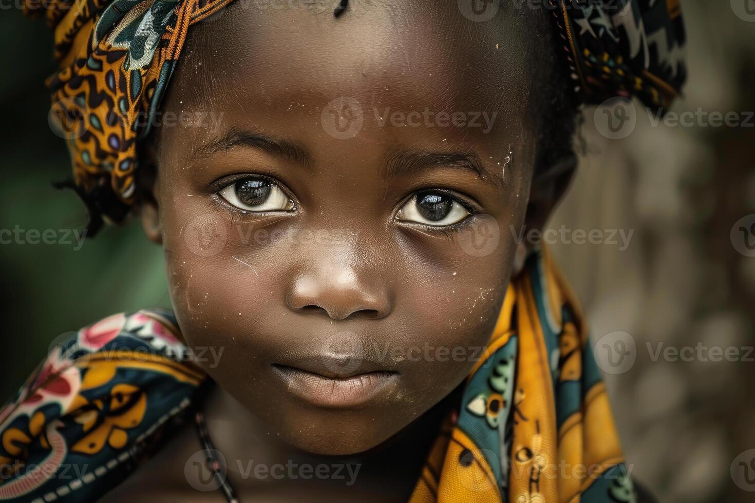 Closeup of an african child's face with a serene expression, wearing a colorful headscarf photo