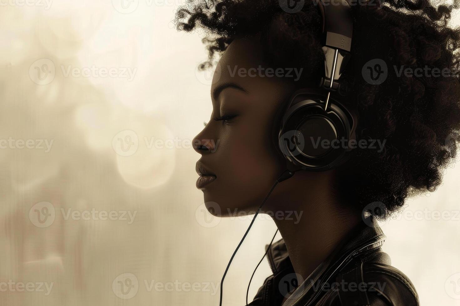 Profile view of a peaceful woman with closed eyes listening to music on headphones photo