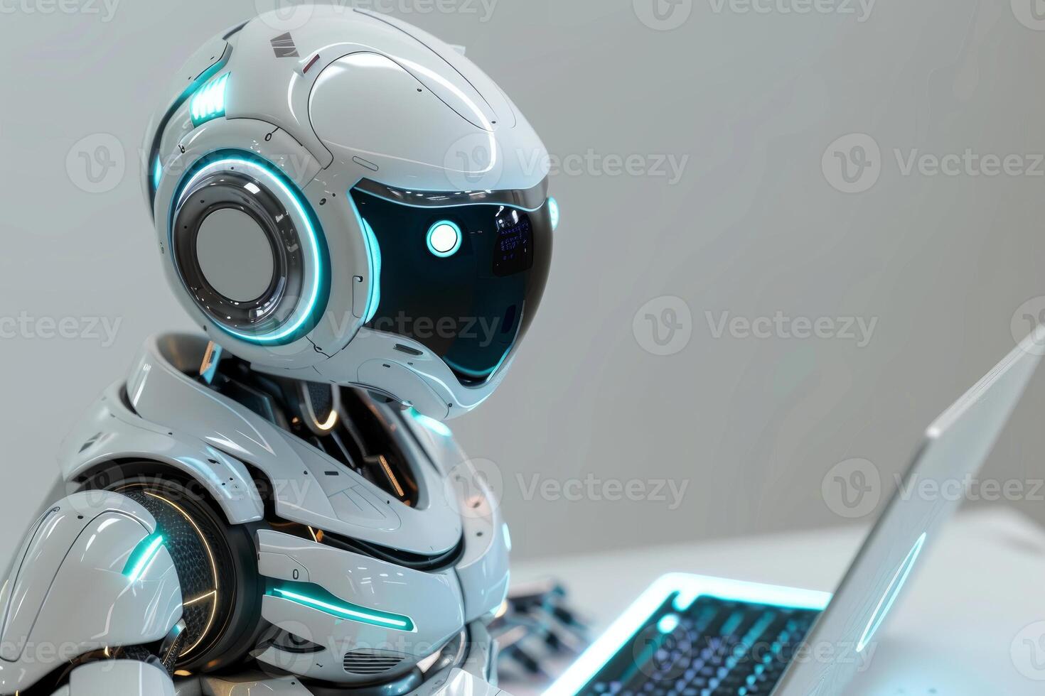 Advanced humanoid robot interacting with laptop photo