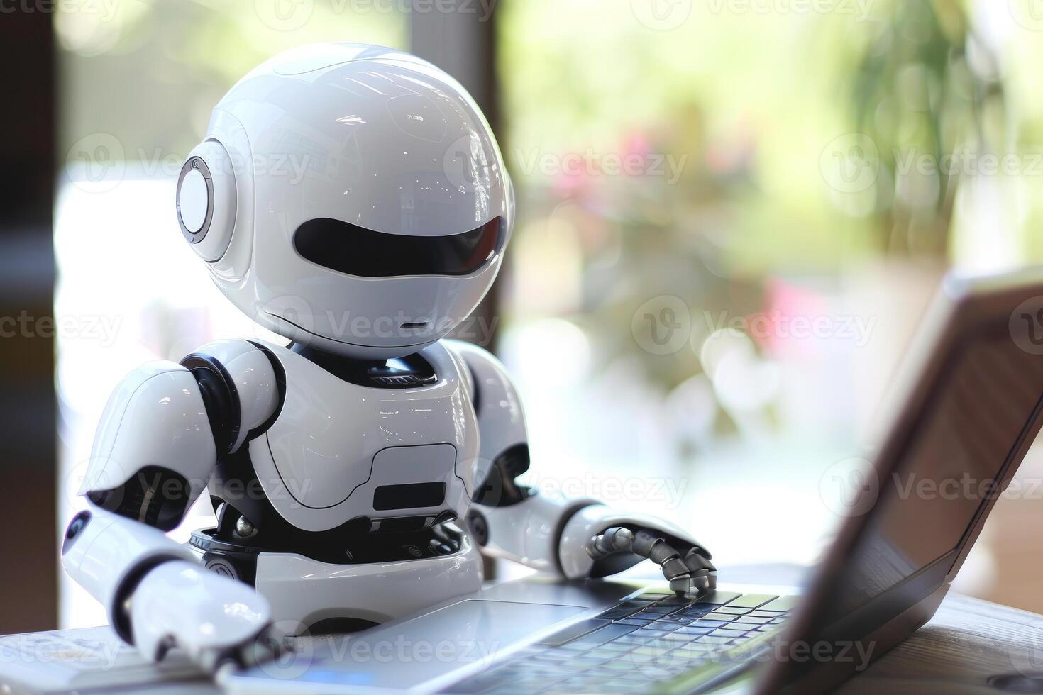 Futuristic robot typing on laptop photo