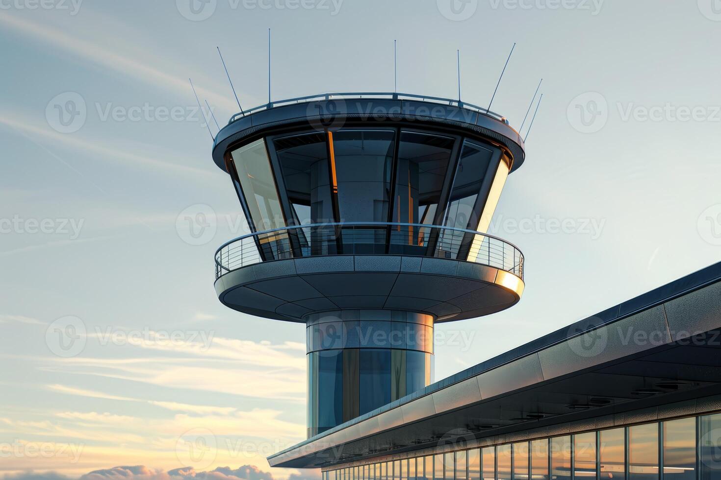 Modern air traffic control tower at sunset photo