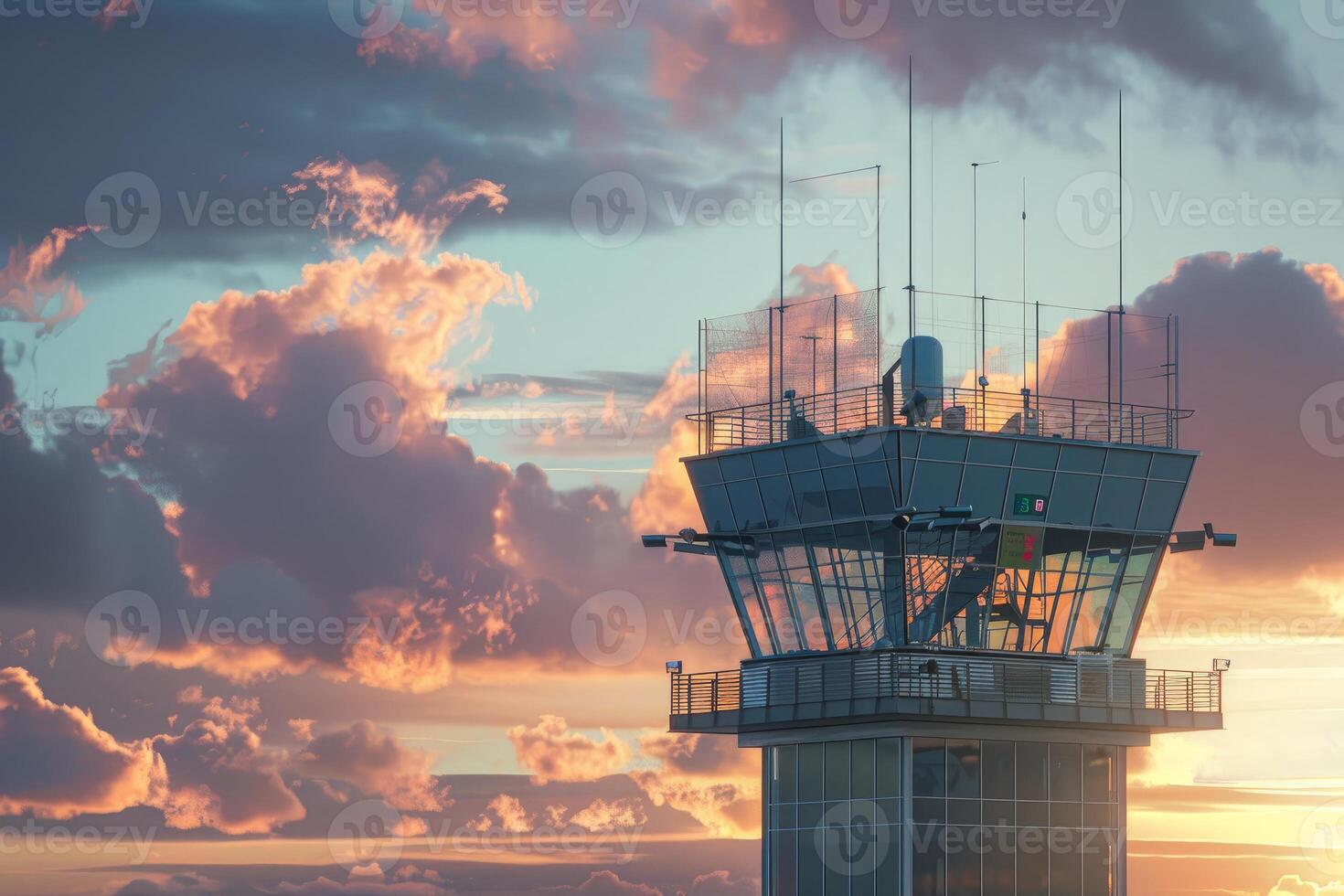 Sunset at the air traffic control tower photo