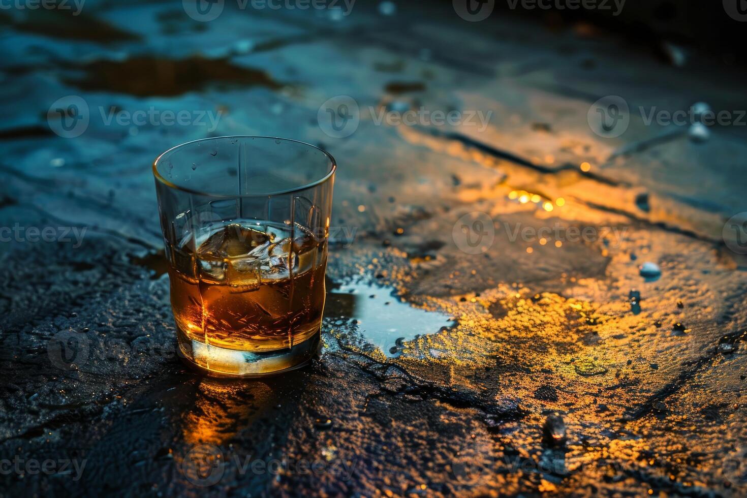 Golden hour whiskey on rustic surface photo