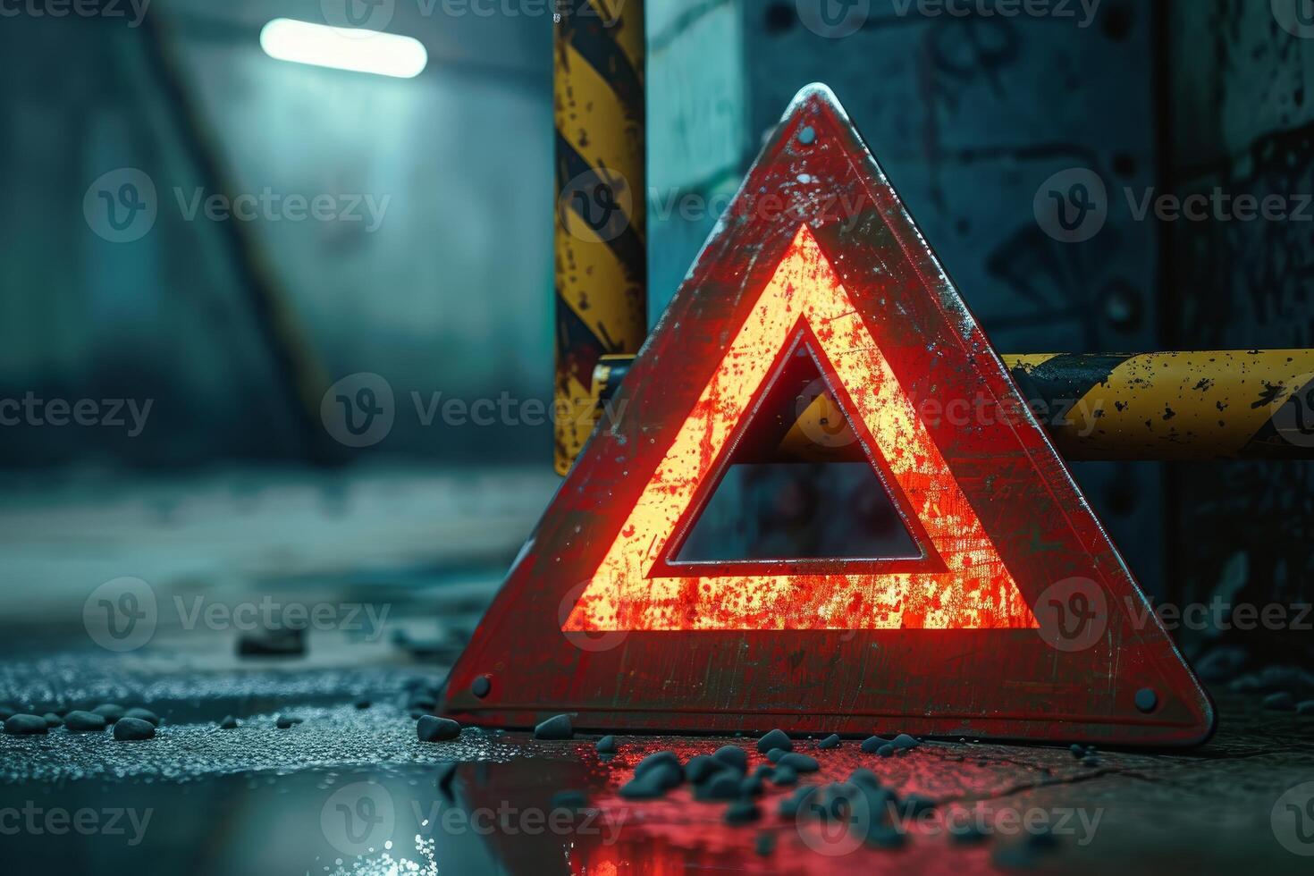 Illuminated warning triangle on wet road photo