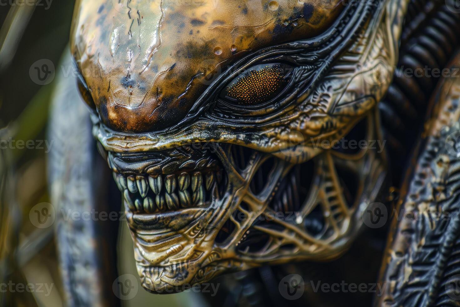 A detailed view of an alien creature's head, showcasing intricate textures and patterns photo