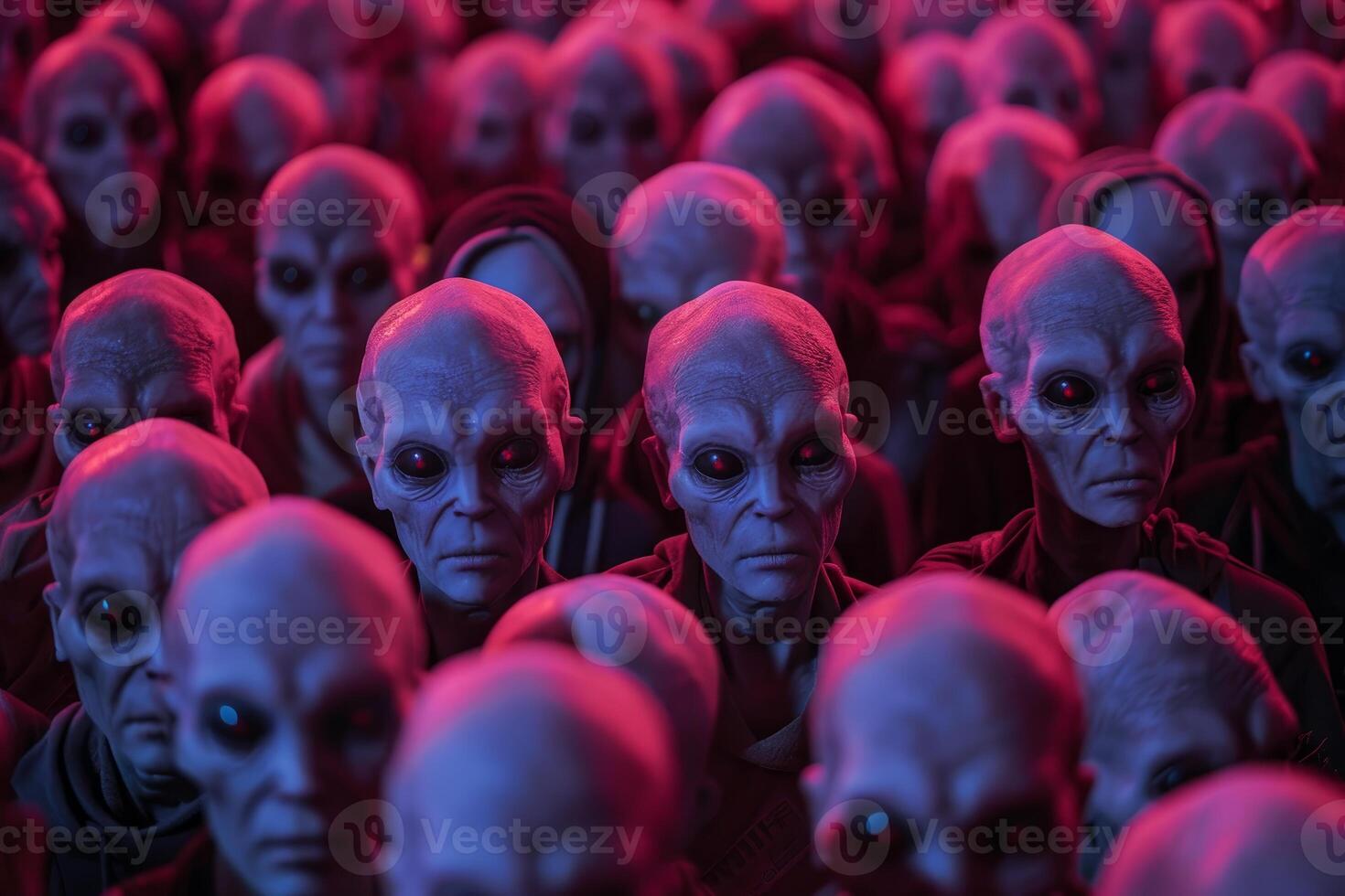 Mysterious alien crowd gathering in red light photo