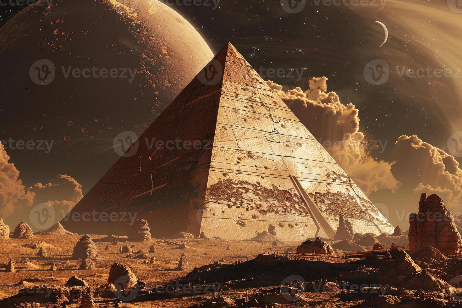 Alien landscape with ancient pyramid and planets photo