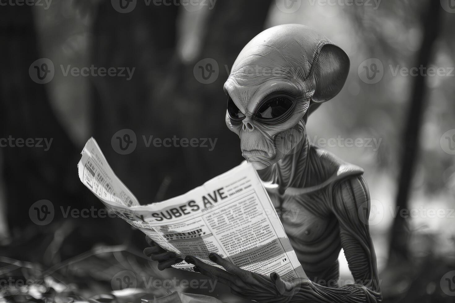 Alien figure reading newspaper in monochrome photo
