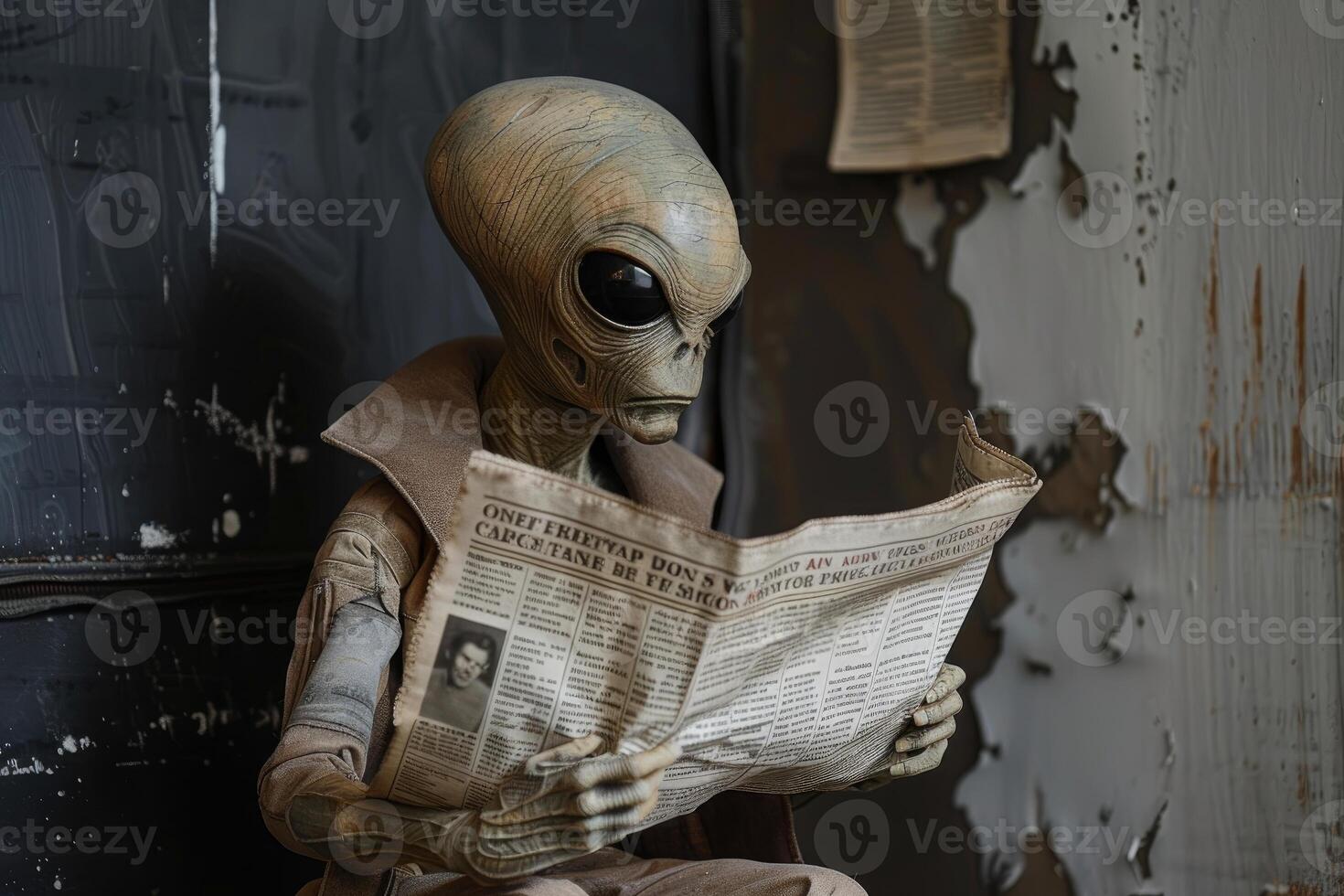 Curious alien reading newspaper in dimly lit room photo