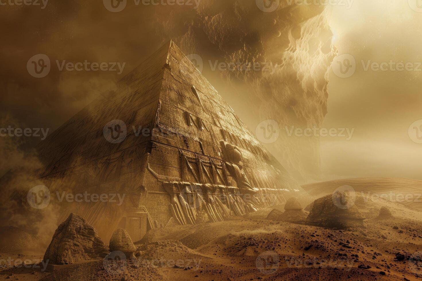 Mystical ancient pyramid in a desert storm photo