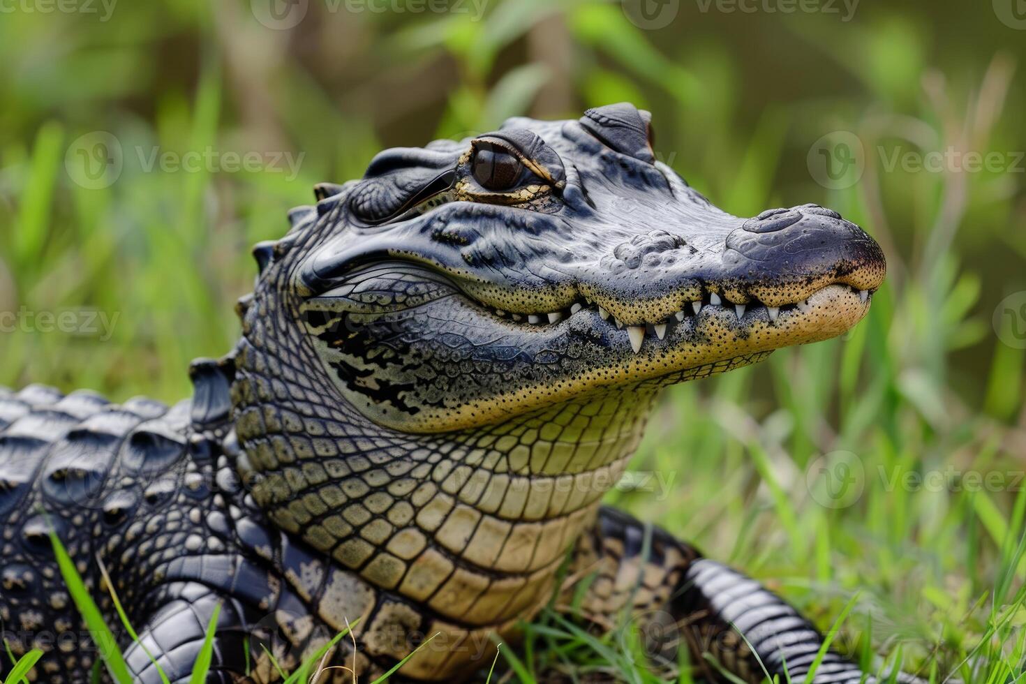 Closeup of a smiling juvenile alligator in grass photo