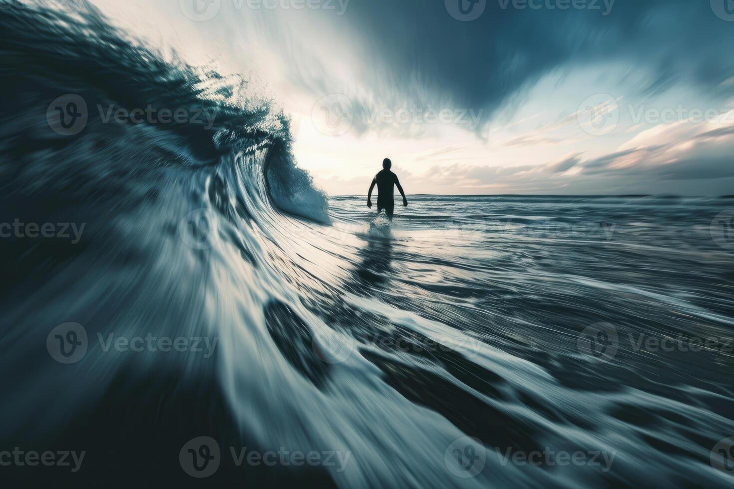Surfer riding the waves at dusk photo