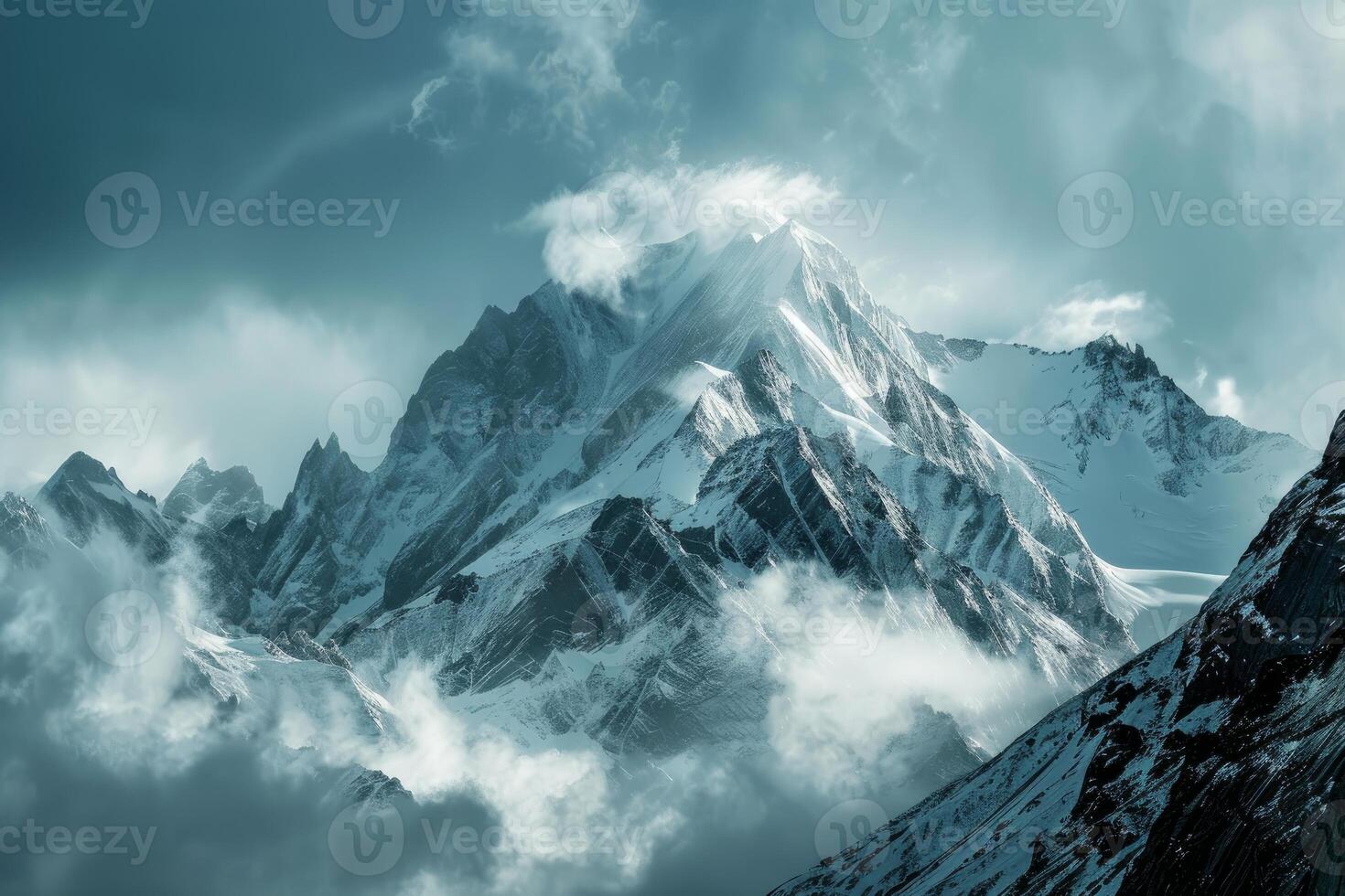 Breathtaking view of towering mountains with snow under a dramatic cloudy sky photo