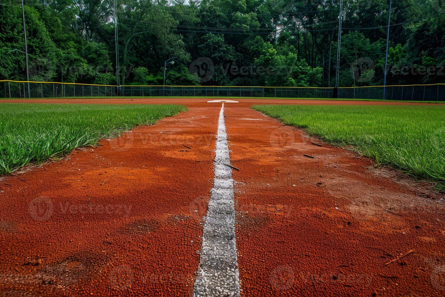 Low angle view of an empty baseball diamond from pitcher's mound towards home plate photo