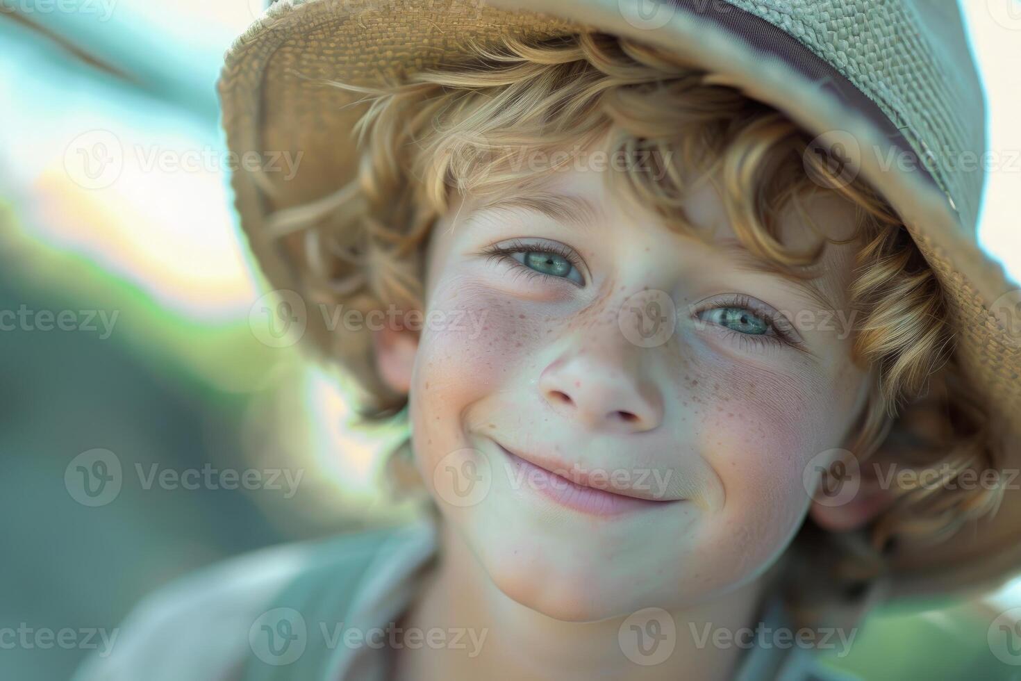 Smiling boy with freckles wearing a straw hat photo