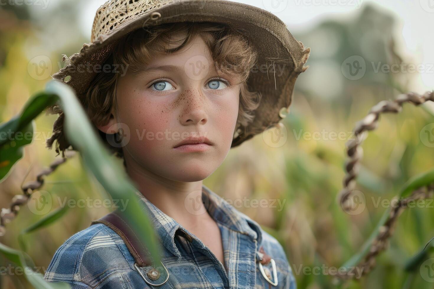 Boy in a cornfield at sunset photo