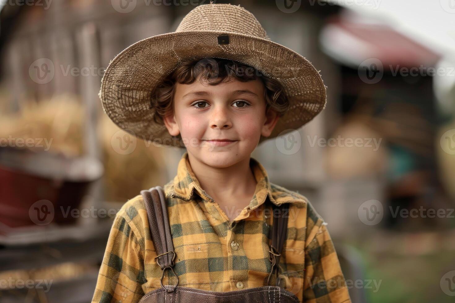 Young boy smiling in straw hat and suspenders photo