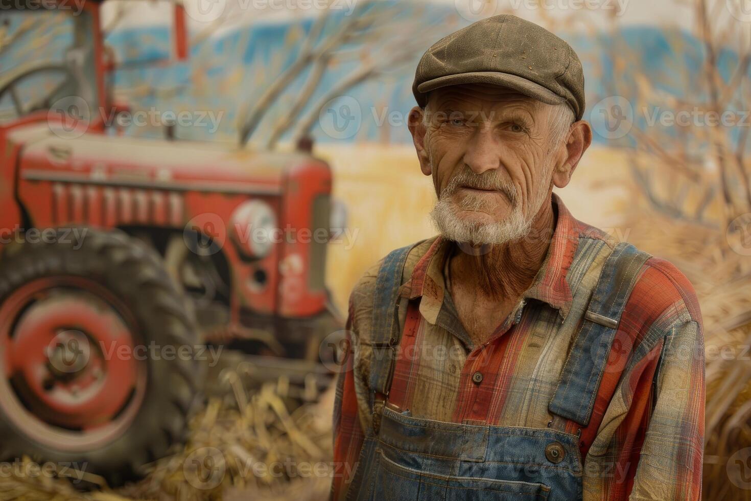 Weathered farmer with vintage tractor in field photo