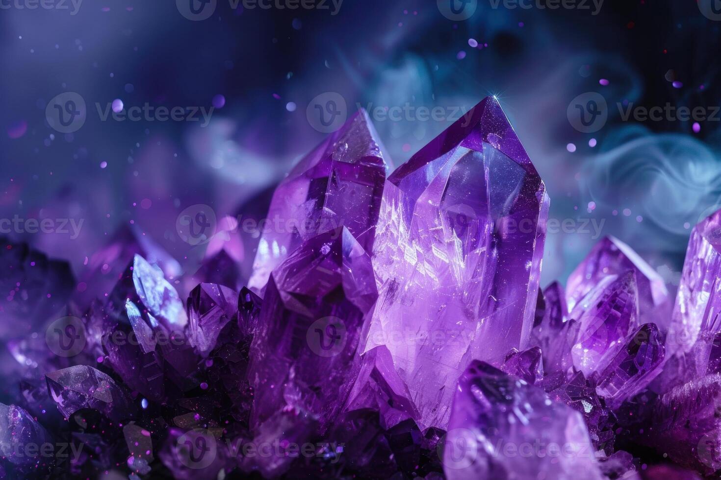 Vivid purple amethyst cluster with sparkling effect on a dreamy, dark background photo