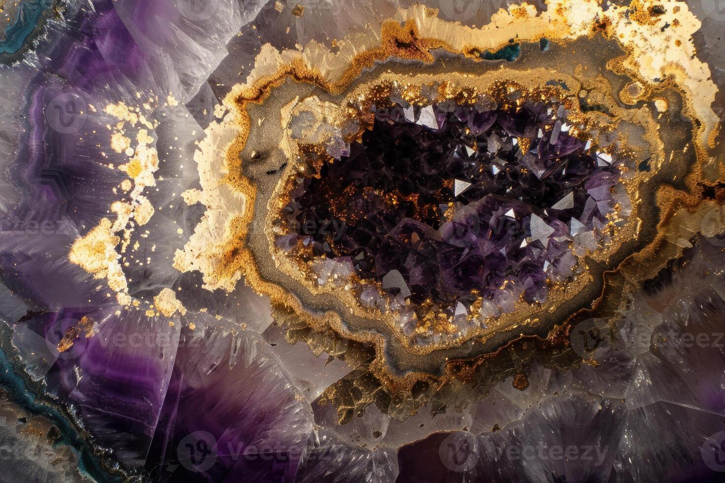 Stunning macro shot of a vibrant amethyst geode with intricate crystal formations photo