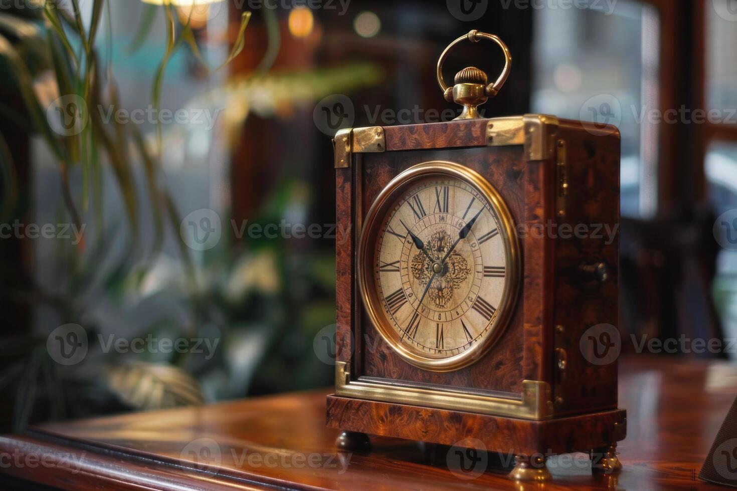 Vintage wooden mantel clock on desk photo
