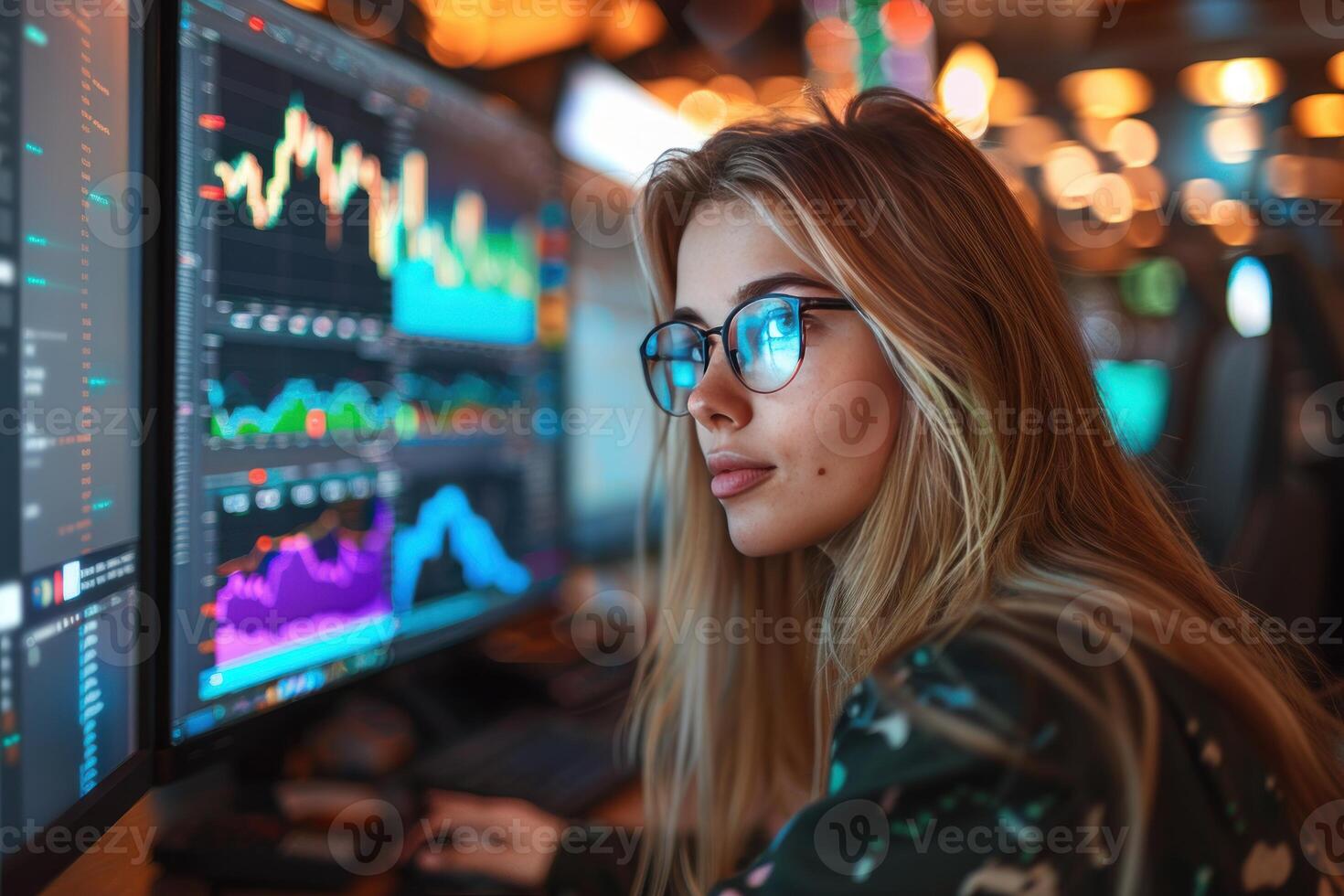 Focused analyst studying financial charts on computer screens photo
