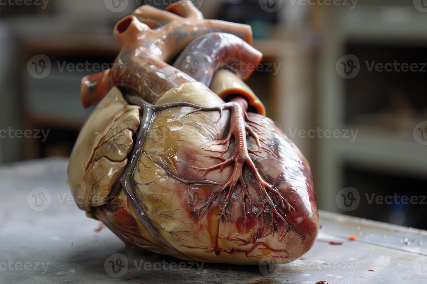 Detailed anatomical model of human heart on laboratory table photo