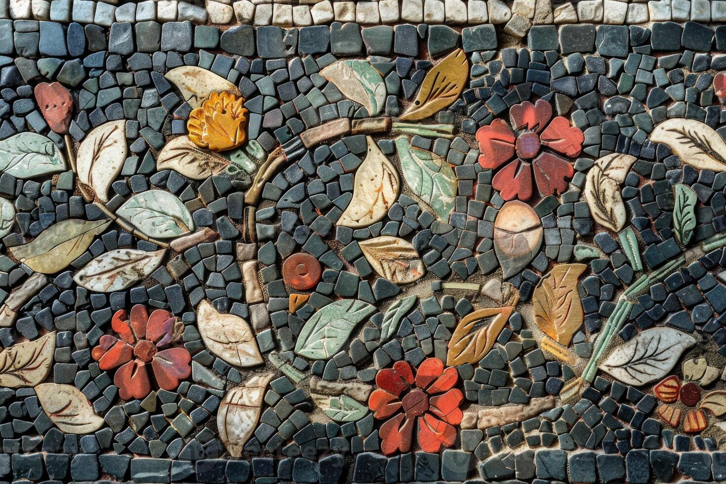 Colorful mosaic of flowers and leaves on a stone background photo