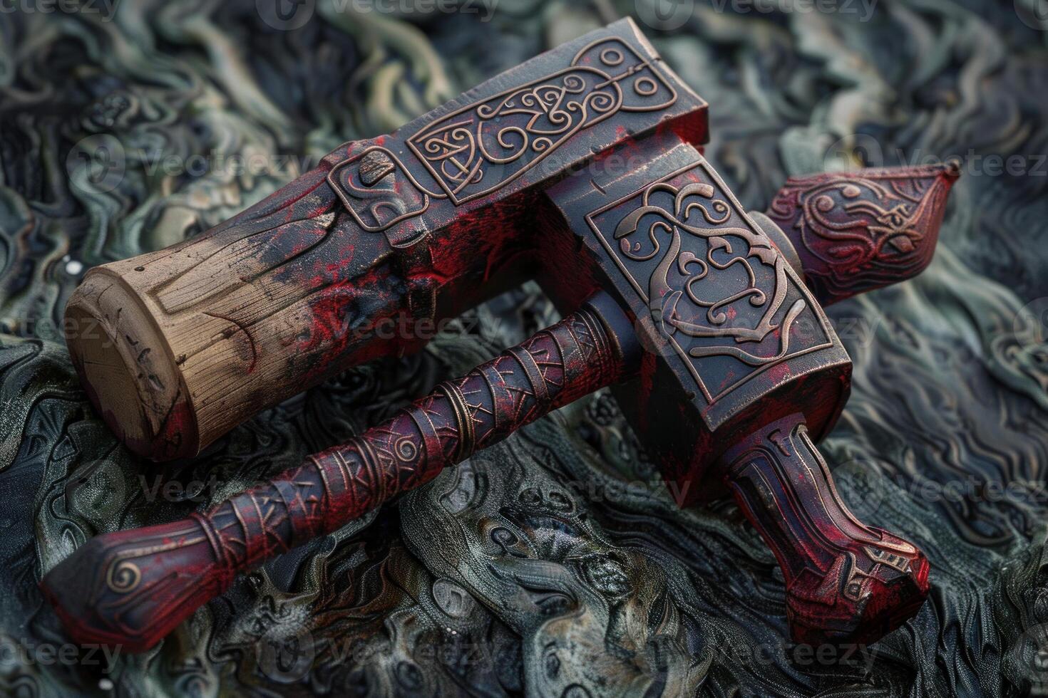 Engraved viking hammer and ax on textured background photo