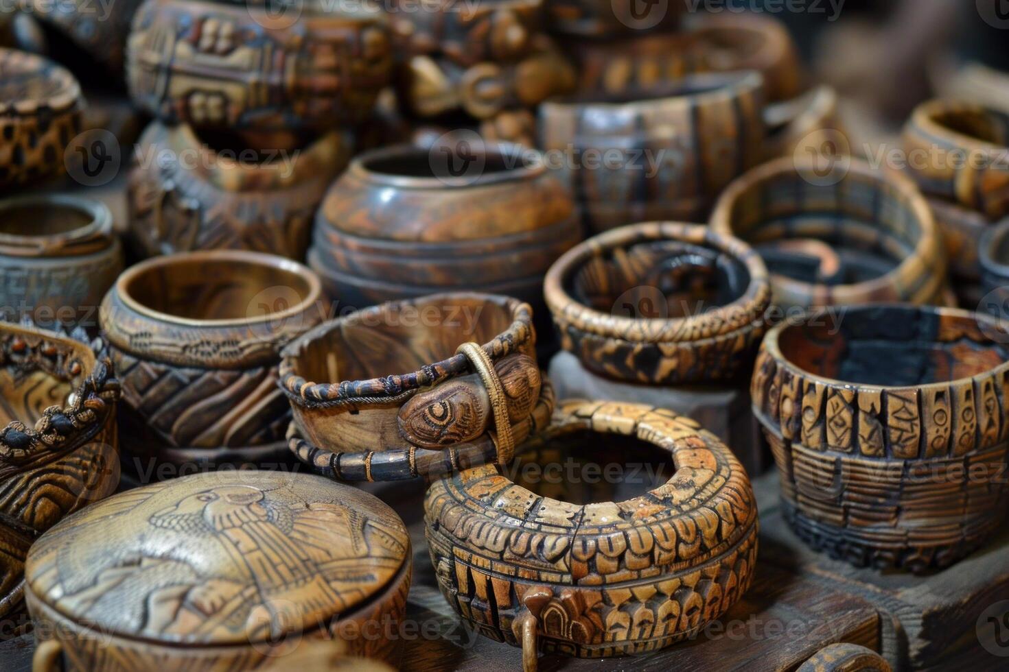 Assorted handmade wooden crafts on display photo