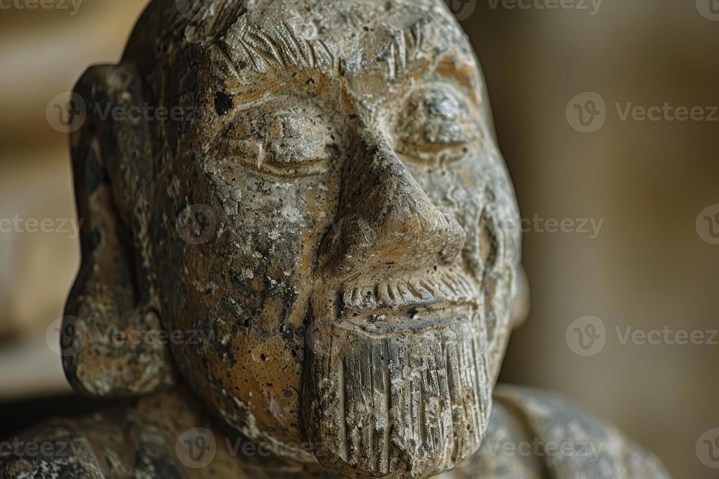 Detailed closeup of an old, carved wooden statue with intricate patterns photo