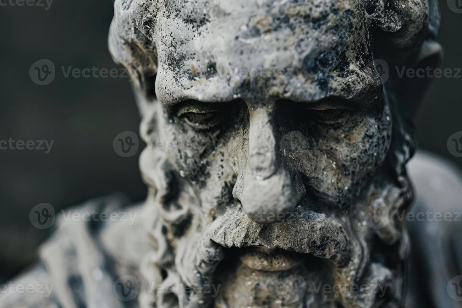 Detailed view of a weathered stone statue depicting an old philosopher with a thoughtful expression photo