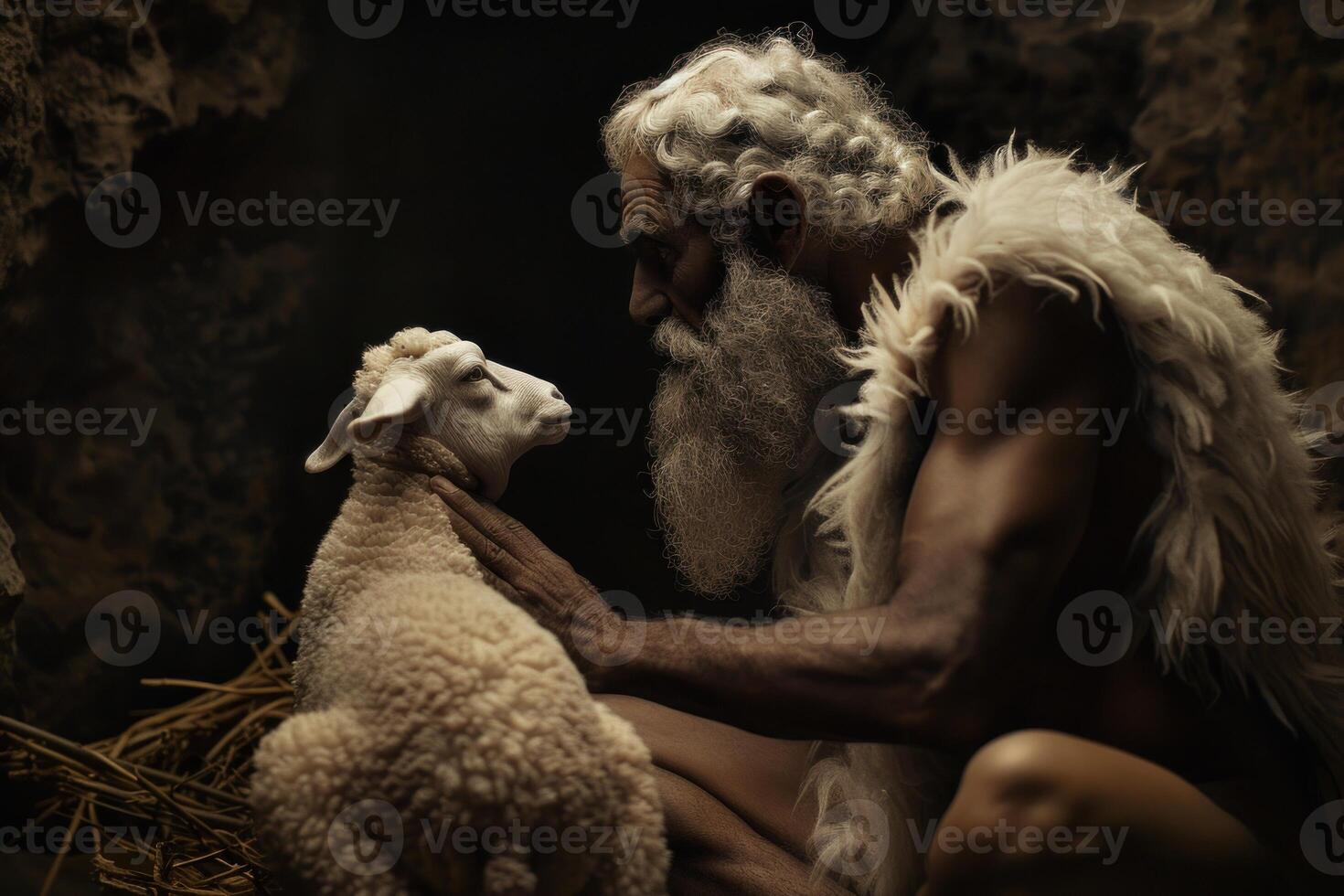Shepherd's tender embrace with lamb photo