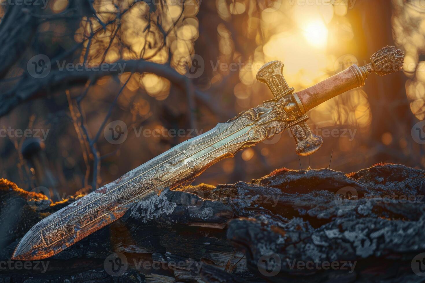 Enchanted sword in mystic forest at sunset photo