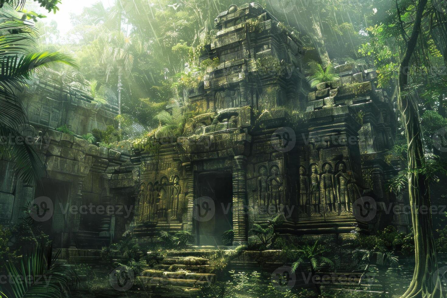 Ancient jungle temple ruins shrouded in mist photo
