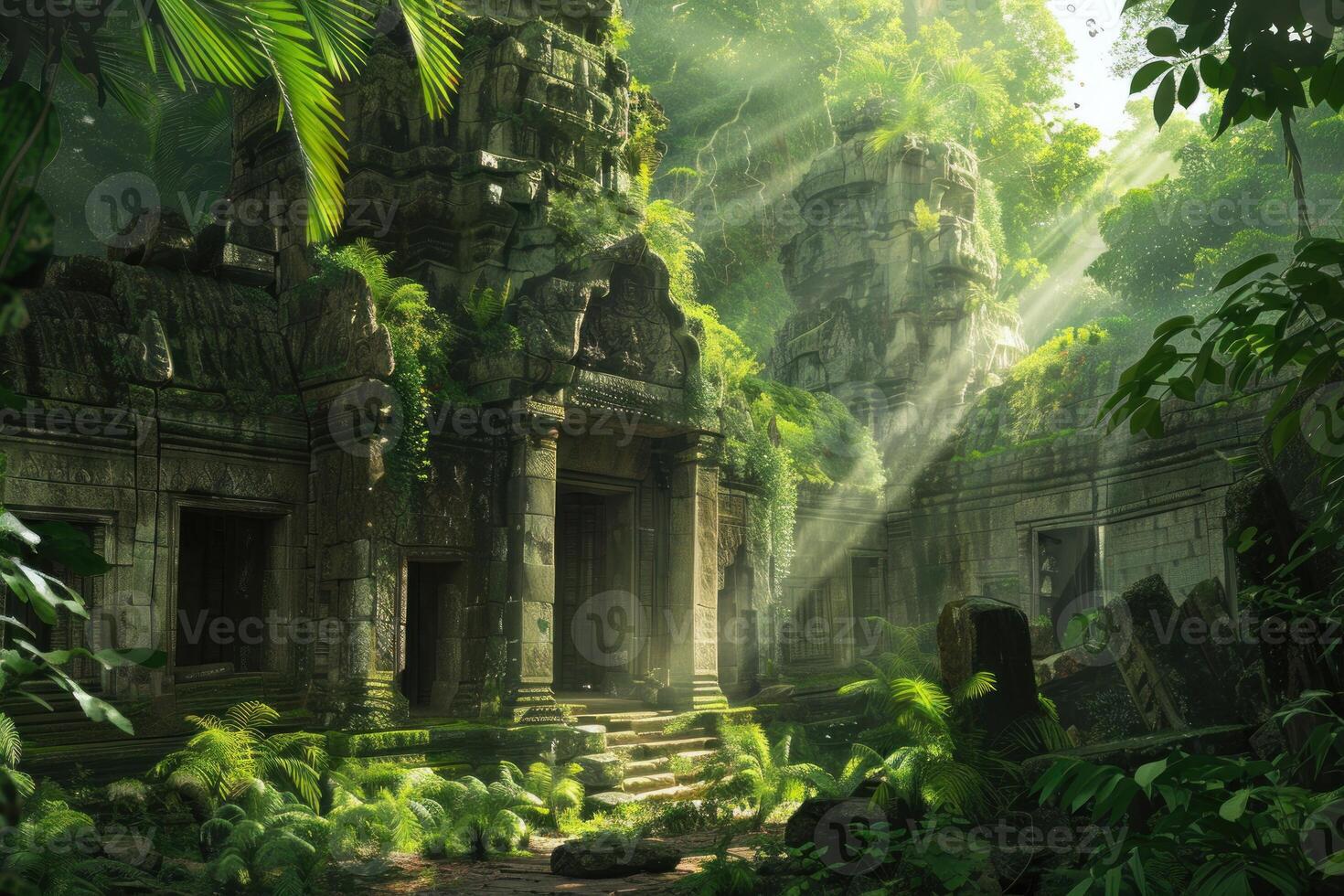 Mystical ancient temple ruins in lush jungle photo