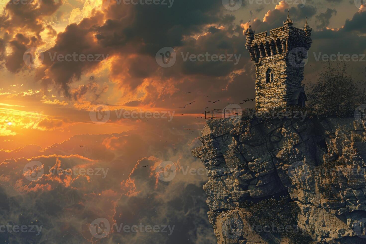 Majestic sunset castle on cliff photo
