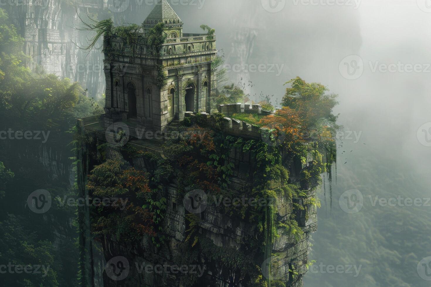 Mystical ancient temple on a misty cliff photo