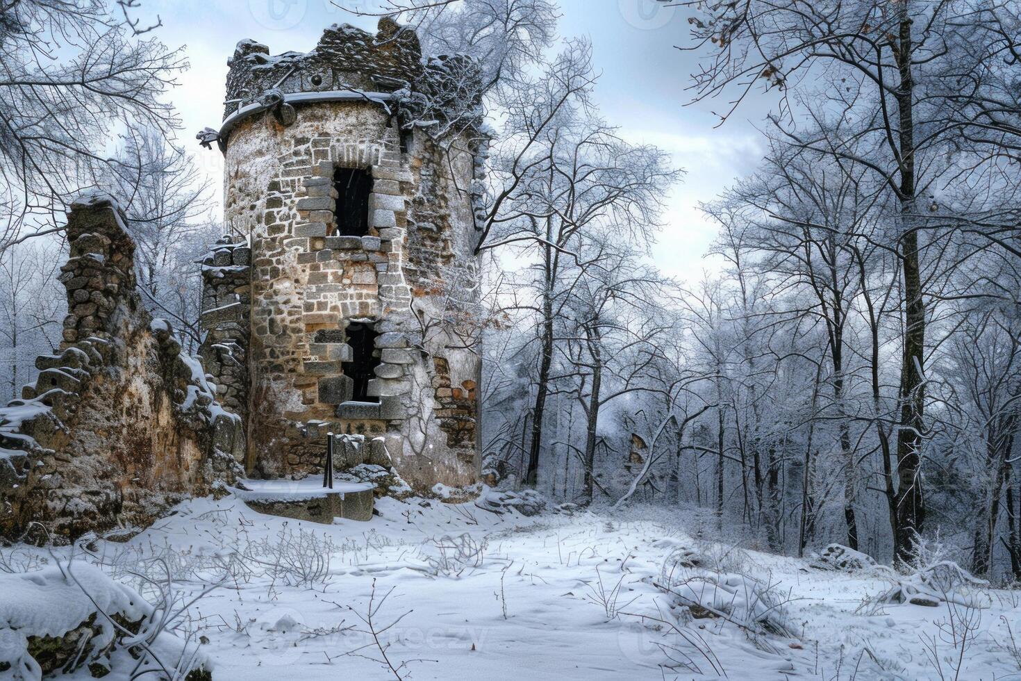 Enchanted winter castle ruins in snowy forest photo