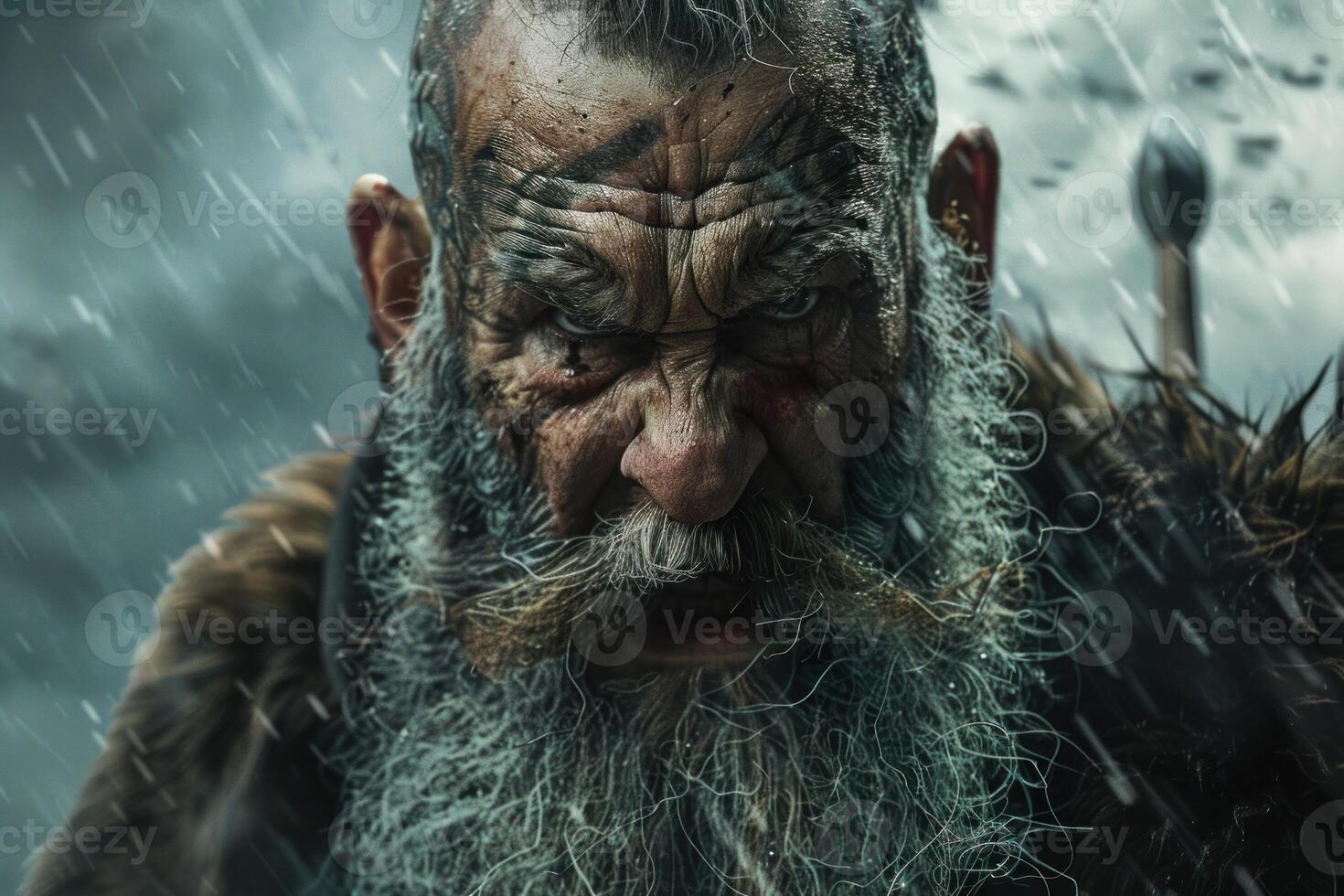 Closeup of a gritty warrior's face with tribal markings under heavy rainfall photo