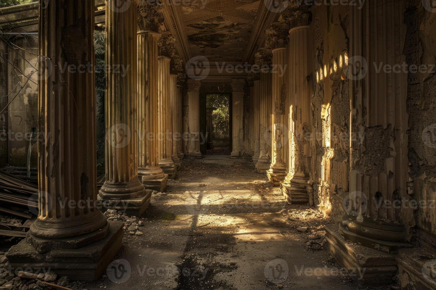 Ancient ruins corridor at sunset photo