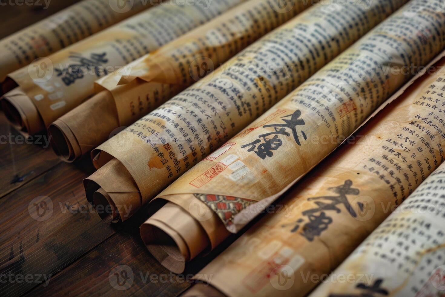 Ancient chinese scrolls display on wooden table photo
