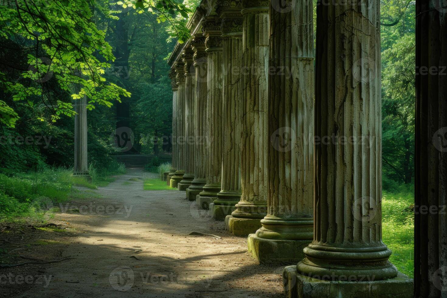 Serene pathway along ancient columns in forest photo